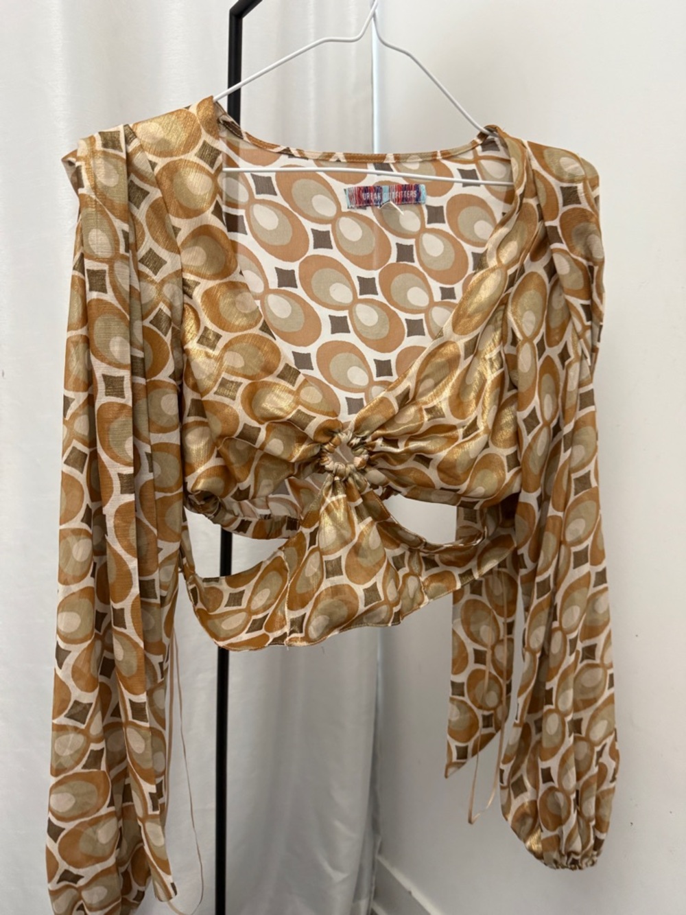 Urban Outfitters Gold and Cream Geometric Tie-Front Crop Top